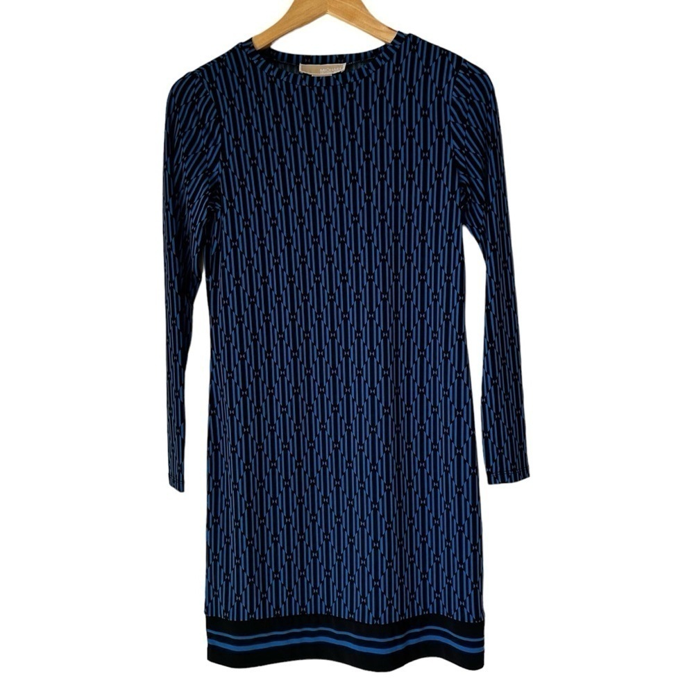 MICHAEL Michael Kors Blue Black Geometric Long Sleeve Pullover Shift Dress, P